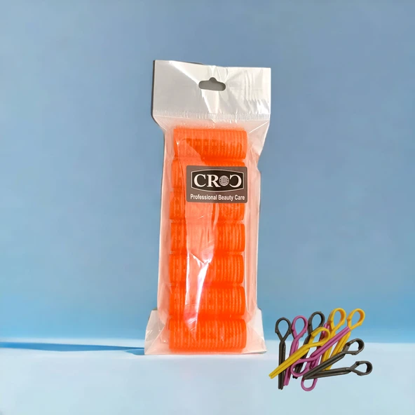 Croc 1216 Turuncu Cırtlı Plastik Bigudi 7Li Çap:2,5Cm + 10Lu Plastik Saç Pensi ürün görseli
