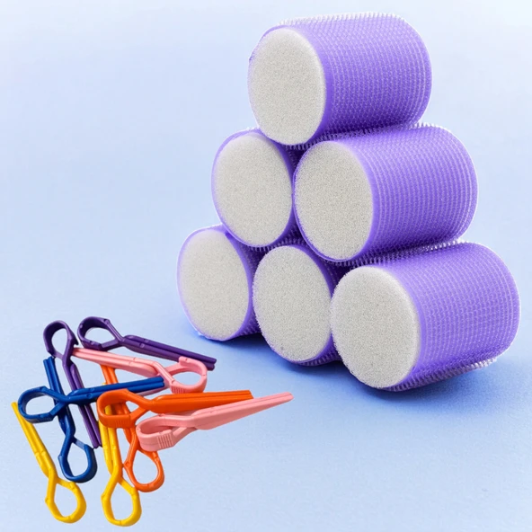 Croc 1203 Mor Cırtlı Sünger Bigudi 6Lı Çap 5Cm +10Lu Plastik Saç Pensi ürün görseli