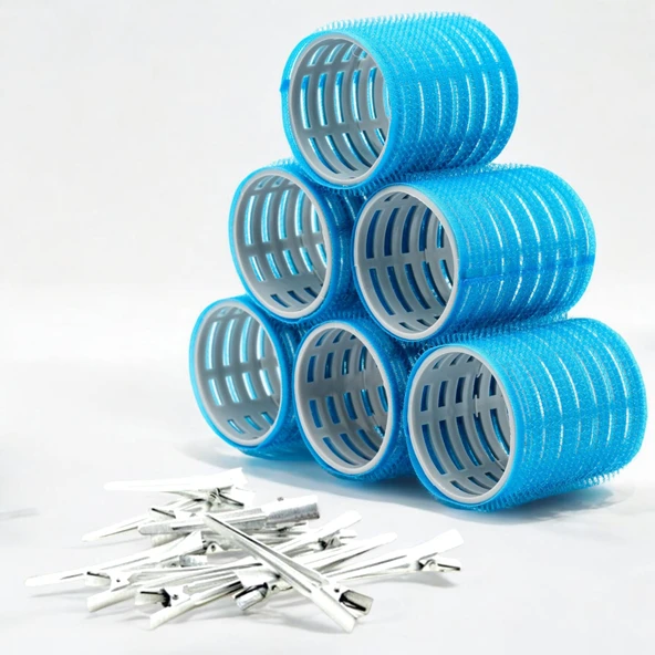 Croc 1214 Mega Boy Bigudi 6Lı + Saç Pensi 12Li Cırtlı - Yapışkanlı Bigudi Mavi ürün görseli