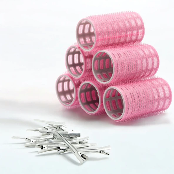 Croc 1202 Pembe Cırtlı Bigudi 6Lı Çap 3,3Cm +12Li Alüminyum Saç Pensi