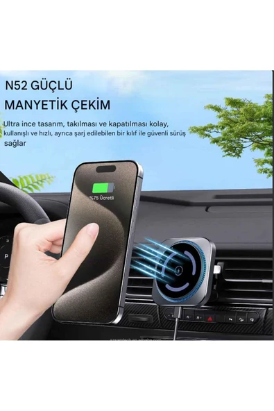 Magsafe Güçlü Manyetik 15W Hızlı Şarj Led Işıklı Araç Telefon Tutucu