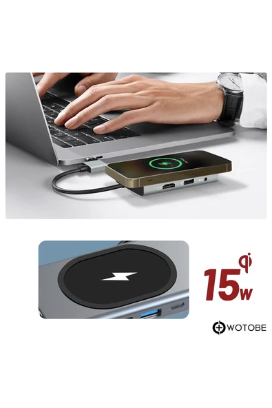 9 Portlu Kablosuz Şarjlı USB-C HDTV HDMI PD SD TF RJ45 VGA Dönüştürücü Adaptör - Resim 5