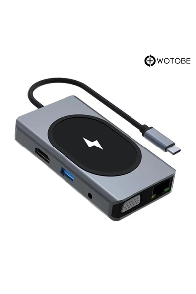 9 Portlu Kablosuz Şarjlı USB-C HDTV HDMI PD SD TF RJ45 VGA Dönüştürücü Adaptör