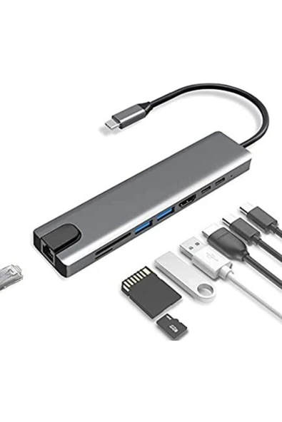 Macbook Uyumlu 8 In 1 4k Type C Usb 3.0 Hub Hdmı Rj45 Ethernet Sdtf Adaptör