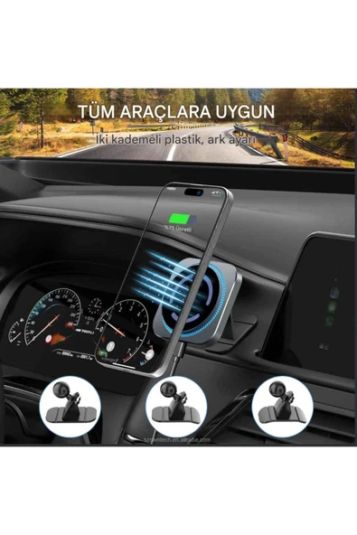 Magsafe Güçlü Manyetik 15W Hızlı Şarj Led Işıklı Araç Telefon Tutucu - 3