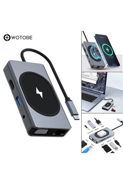 9 Portlu Kablosuz Şarjlı USB-C HDTV HDMI PD SD TF RJ45 VGA Dönüştürücü Adaptör - Resim 4