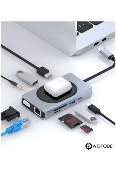 9 Portlu Kablosuz Şarjlı USB-C HDTV HDMI PD SD TF RJ45 VGA Dönüştürücü Adaptör - Resim 3