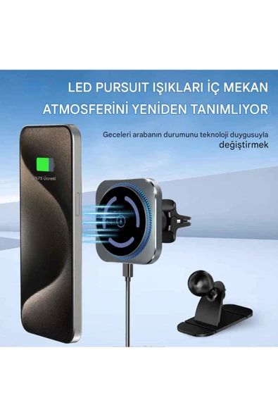 Magsafe Güçlü Manyetik 15W Hızlı Şarj Led Işıklı Araç Telefon Tutucu - 2