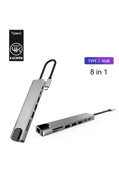 8in1 Usb Type-c Hub Port Adaptör Hdmı Usb Ethernet Pd Girişli - 3