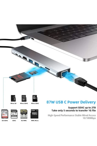 8in1 Usb Type-c Hub Port Adaptör Hdmı Usb Ethernet Pd Girişli - 4