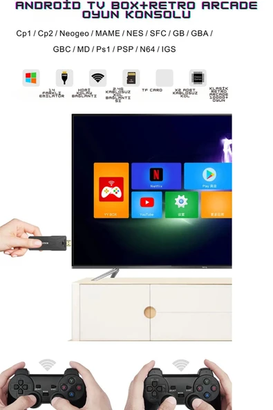 GT-65 YouTube,Netflix,Google Android TV Box 10000 Game Kablosuz kol Retro Arcade Oyun Konsolu - Resim 7