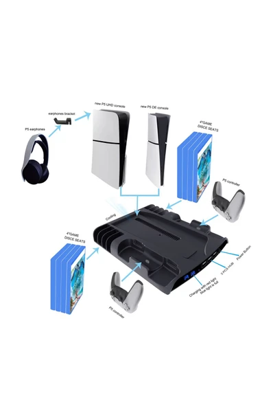 P5D-002 PS5 Slim Disk/PS5 Slim Dijital Uyumlu Stand Şarj Cihazı Soğutucu Fan - 2