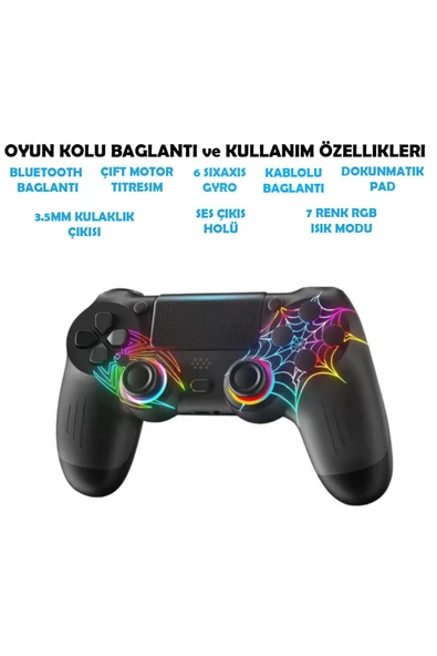 PS4/PC Uyumlu RGB Çift MOtor Titreşimli Spiderman Bluetooth Oyun Kolu - 3