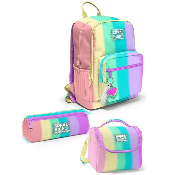 Coral High Desenli Okul Çantası Beslenme Kalemlik 3lü Set 23630