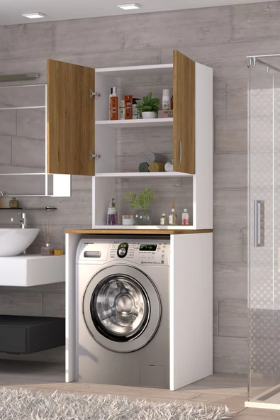 Üst Dolaplı Çok Amaçlı Çamaşır Makinesi Dolabı Çam - 9