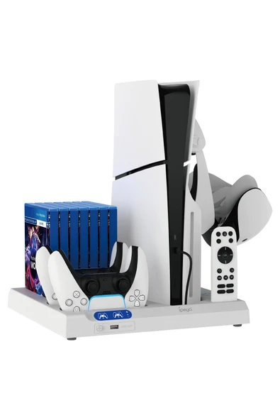 İpega  PS5 Slim Dijital/PS5 Slim Disk Multifonksiyonel Şarjlı,Soğutucu Fanlı,VR Standlı Cd Raf Stand - 6