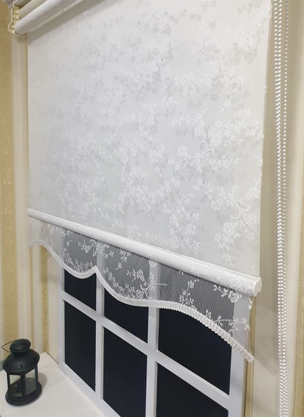 Çift Mekanizmalı Kırık Beyaz Tül Perde ve Ekru Stor Perde STB4003  Beyaz 120 x 260