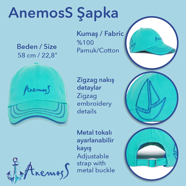 Anemoss Turkuaz Yelken Nakışlı Yazlık Şapka – Pamuklu, Hafif ve Nefes Alabilir Kumaş - 6
