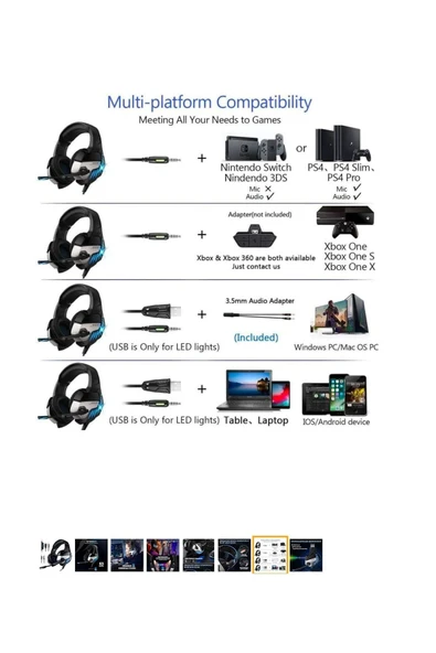 Porfesyonel Oyuncu Kulaklıgı Led Pc, Ps4, Xbox One, Ipad Uyumlu Dizüstü Bilgisayar Mikrofonlu Stereo - 3
