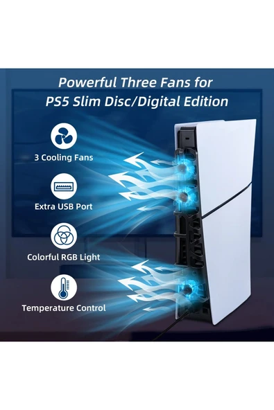 TP5-3538S PS5 Slim Disk PS5 Slim Dijital Uyumlu Hız Ayarlı RGB Arka Soğutucu Fan - Resim 7