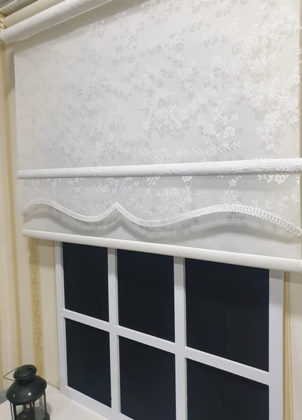 Kırık Beyaz Tül Perde ve Ekru Çift Mekanizmalı Stor Perde STB4003  Beyaz 160 x 260