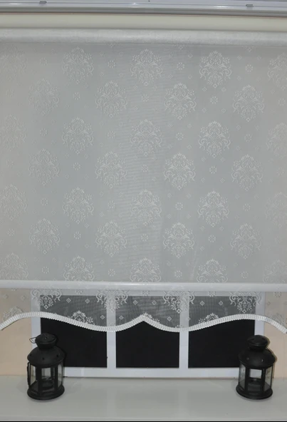 Çift Mekanizmalı Kirli Beyaz Damask Tül Perde ve Ekru Stor Perde STB45252-V01  EKRU 180 x 200 - 6