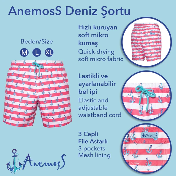 Anemoss Çapa Üç Cepli İçi Fileli Bel Lastik ve Bağlama İpli Erkek Deniz Şortu - 4