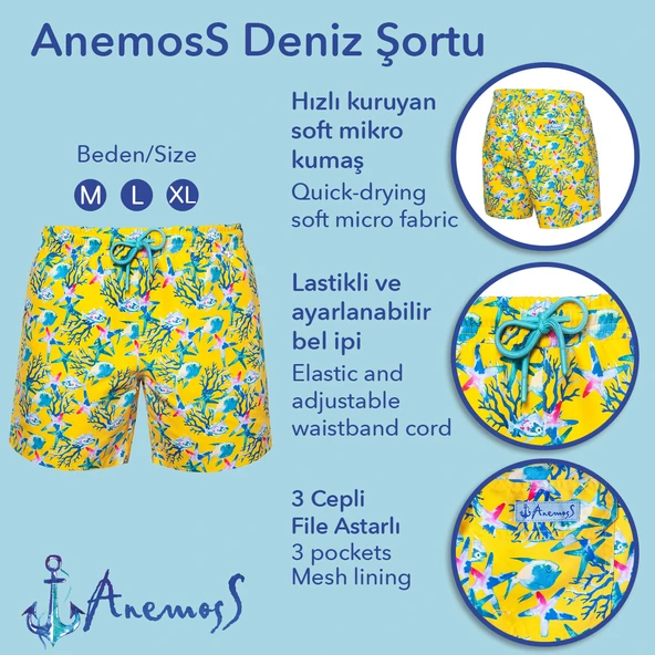 Anemoss Akvaryum Üç Cepli İçi Fileli Bel Lastik ve Bağlama İpli Erkek Deniz Şortu - 6