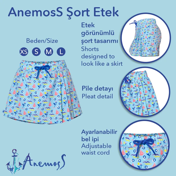 Anemoss Gemici Martı Kadın Şort Etek – Bağcıklı Bel, Deniz Temalı Yazlık Skort - 6