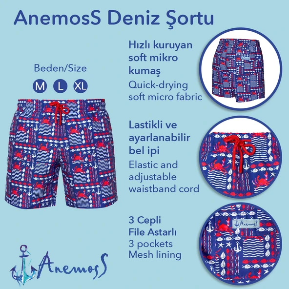 Anemoss Yengeç Üç Cepli İçi Fileli Bel Lastik ve Bağlama İpli Erkek Deniz Şortu - 8