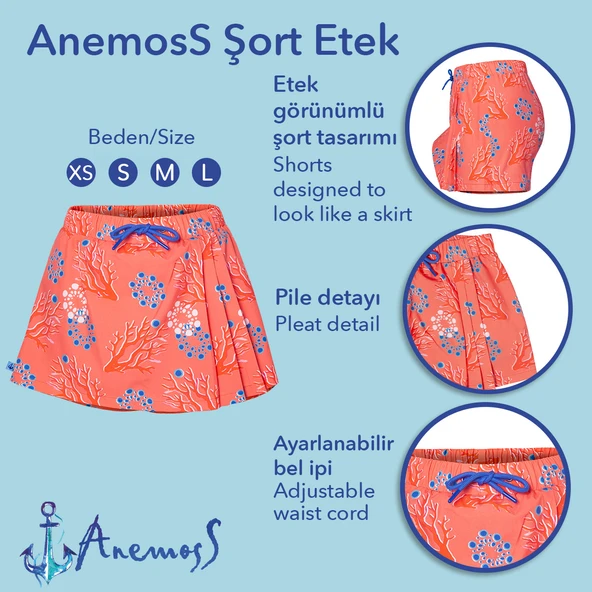 Anemoss Mercan Kadın Şort Etek – Lastikli Bel, Bağcıklı, Pembe Desenli Yazlık Skort - 6