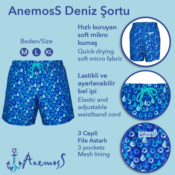 Anemoss Yelken Üç Cepli İçi Fileli Bel Lastik ve Bağlama İpli Erkek Deniz Şortu - 8