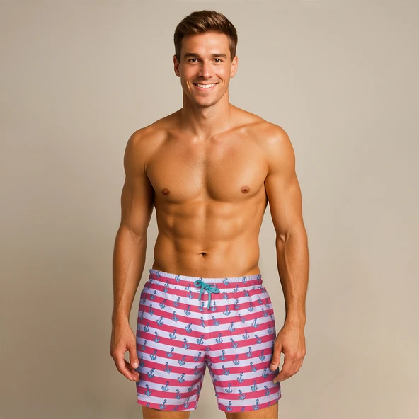 Anemoss Çapa Üç Cepli İçi Fileli Bel Lastik ve Bağlama İpli Erkek Deniz Şortu - 6