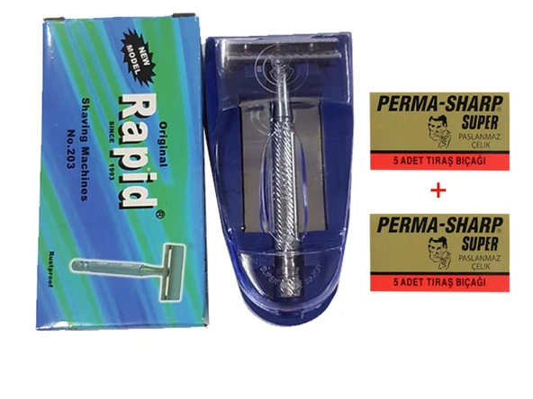 Rapid Kromlu Paslanmaz Tıraş Makinesi + 10 Adet Perma-Sharp Jilet Hediyeli - Resim 3