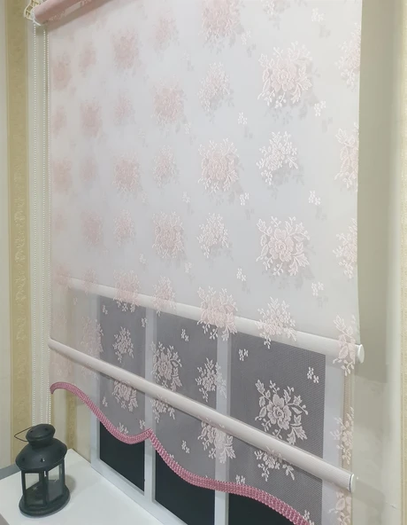 Çift Mekanizmalı Pembe Tül Perde ve Ekru Stor Perde STB2015-V09  Pembe 170 x 200