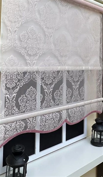 Çift Mekanizmalı Pembe Tül Perde ve Ekru Stor Perde STB2015-V06  Pembe 180 x 200