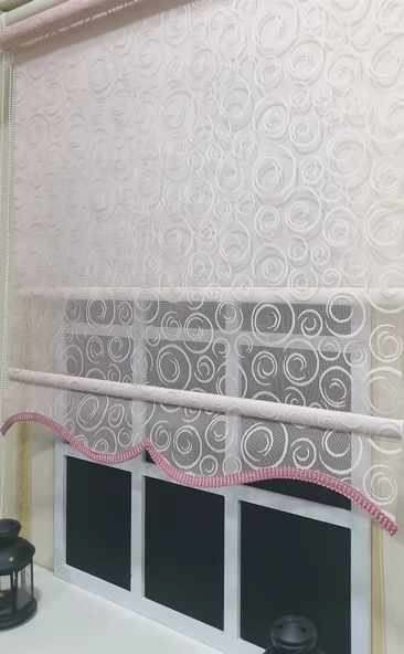 Çift Mekanizmalı Pembe Tül Perde ve Ekru Stor Perde STB2015-V12  Pembe 170 x 200