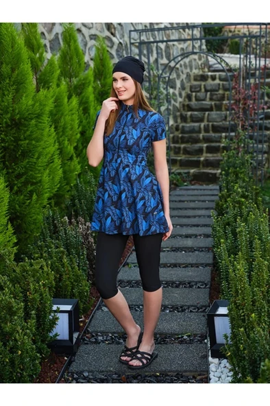 Tesmay 3401 Siyah SporLycra Üstlü Hızla Kuruyan  Kısa Kollu Yarı  Tesettür Havuz Mayo - Resim 5