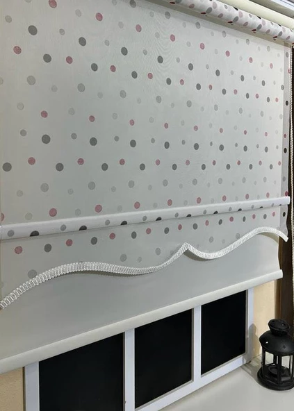 Çift Mekanizmalı Puantiyeli Tül Perde ve Ekru Stor Perde STB49000 V 01  Beyaz 140 x 200