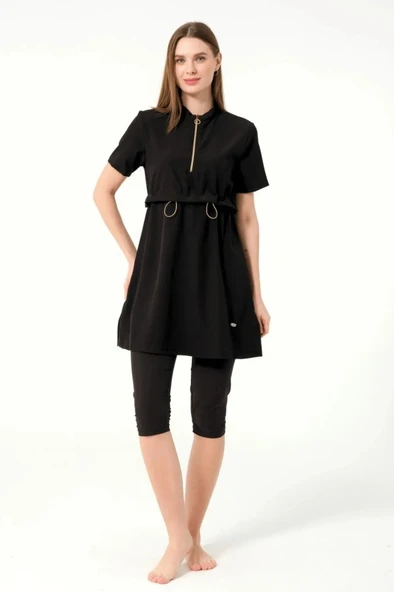 Tesmay 3401 Siyah SporLycra Üstlü Hızla Kuruyan  Kısa Kollu Yarı  Tesettür Havuz Mayo - Resim 13