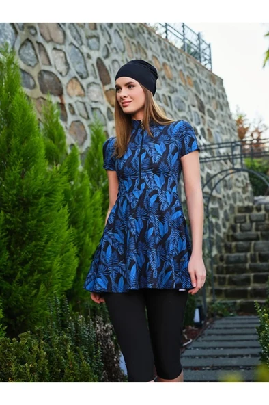 Tesmay 3401 Siyah SporLycra Üstlü Hızla Kuruyan  Kısa Kollu Yarı  Tesettür Havuz Mayo - Resim 3