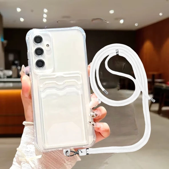 Samsung Galaxy A35 Kartlıklı Askı+Aparatlı Antişok Kılıf Beyaz