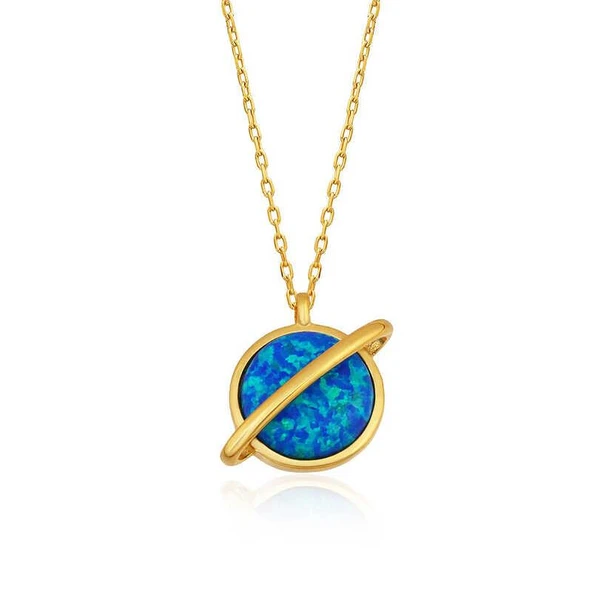 Alsepeteavm Gümüş Gold Opal Taşlı Gezegen Bayan Kolye