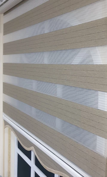 Zebra Stor Perde Organze Koyu Bej Gümüş Simli Etek Dilimli STB910  Bej 160 x 200