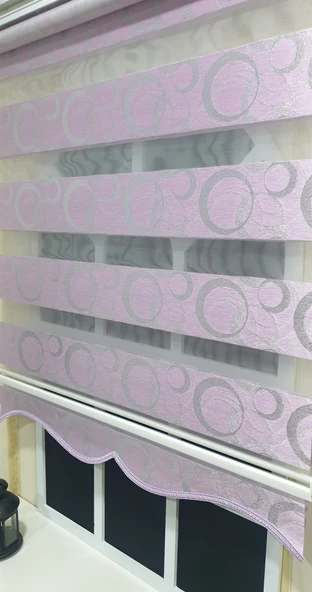 Zebra Stor Perde Halka Desen Lila Gümüş Simli Etek Dilimli STB901  Pembe 190 x 200