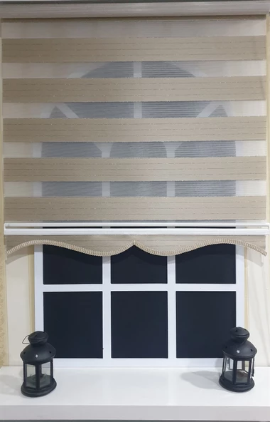 StorBurada Zebra Stor Perde Organze Koyu Bej Gümüş Simli Etek Dilimli STB910  Bej 180 x 260 - Resim 2