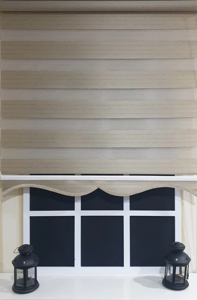 StorBurada Zebra Stor Perde Organze Koyu Bej Gümüş Simli Etek Dilimli STB910  Bej 180 x 260 - Resim 3