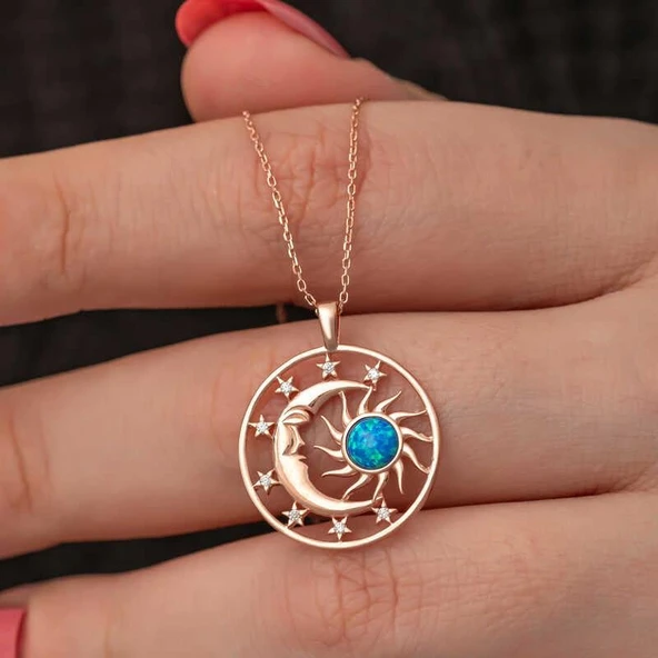 Alsepeteavm Gümüş Rose Opal Mavi Taşlı Ay Güneş Kadın Kolye