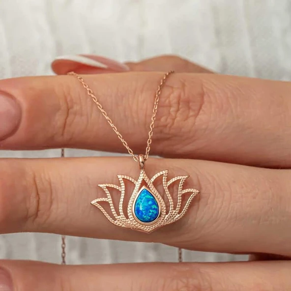 Alsepeteavm Gümüş Opal Taşlı Rose Lotus Çiçeği Kolye