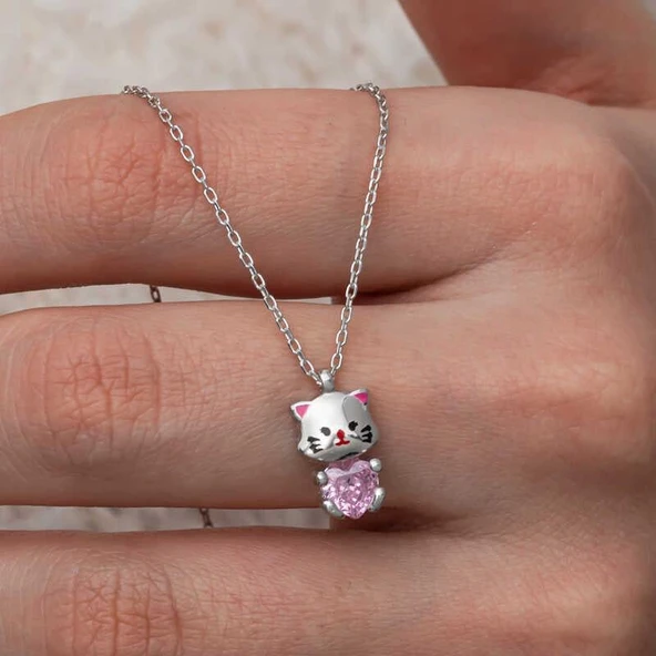 Alsepeteavm Gümüş Pembe Taşlı Sevimli Kedi Kadın Kolye